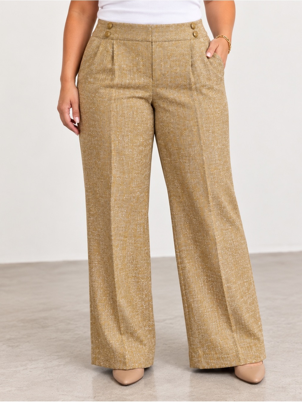 CAbi Transition Trouser Pants 14 Peanut Tan Tweed Sailor Wide Leg Academia L35